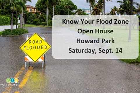 Flooding graphic, flood sign and open house note